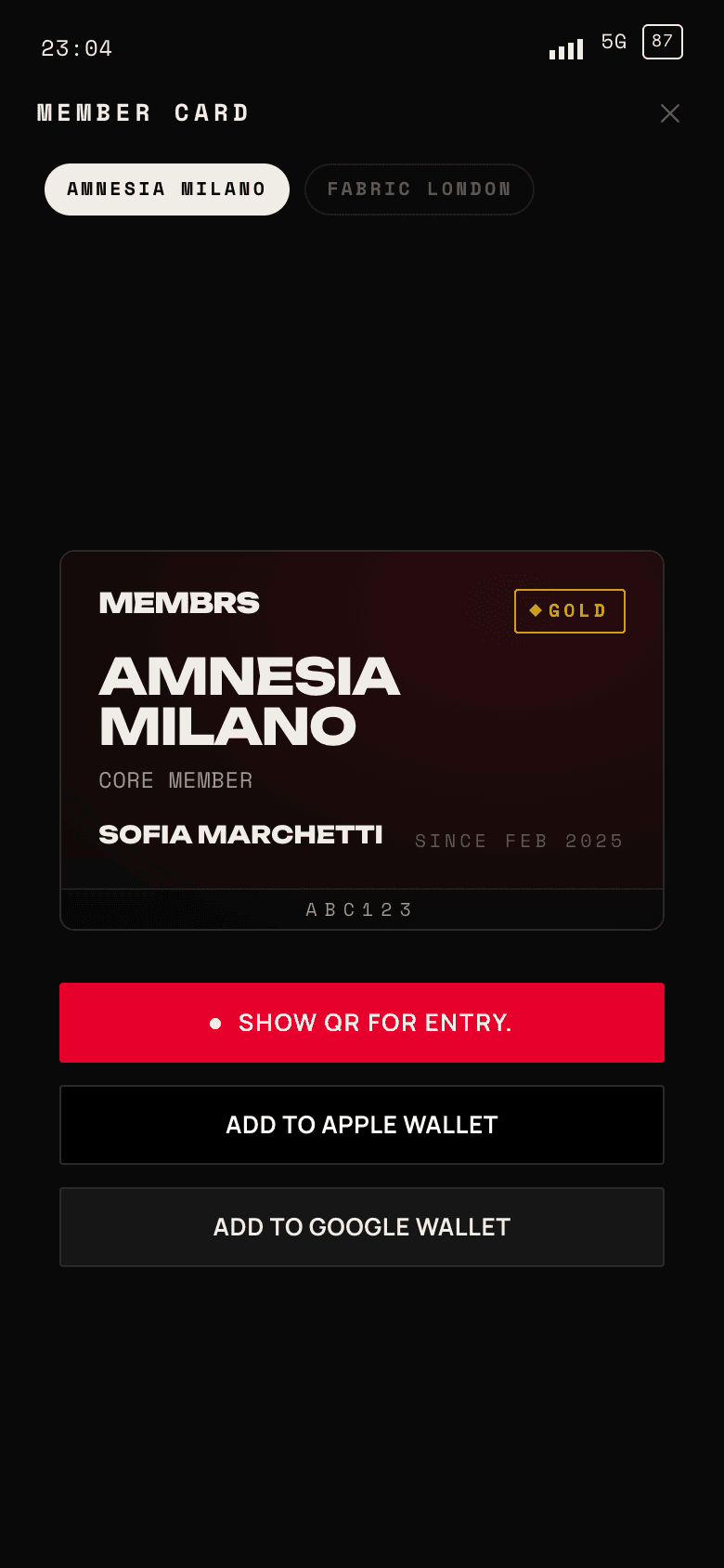 Tessera digitale — membrs app screen