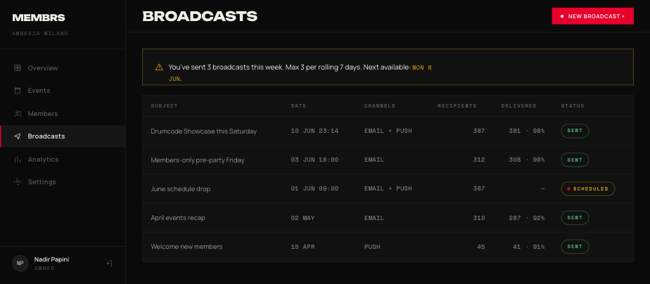 membrs broadcasts — chat and push notifications sent from the club dashboard
