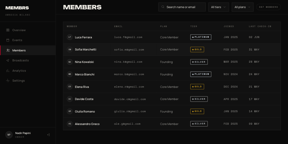 membrs member directory — every member with plan, tier and last check-in