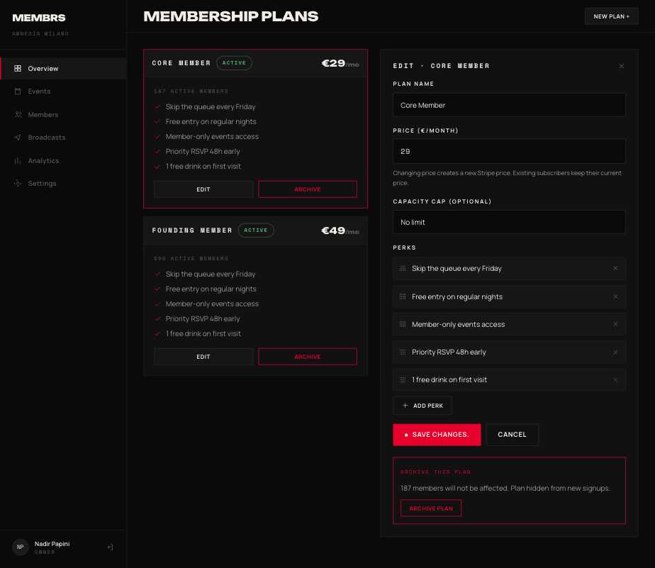 membrs club dashboard — membership plans builder with perks, price and member cap